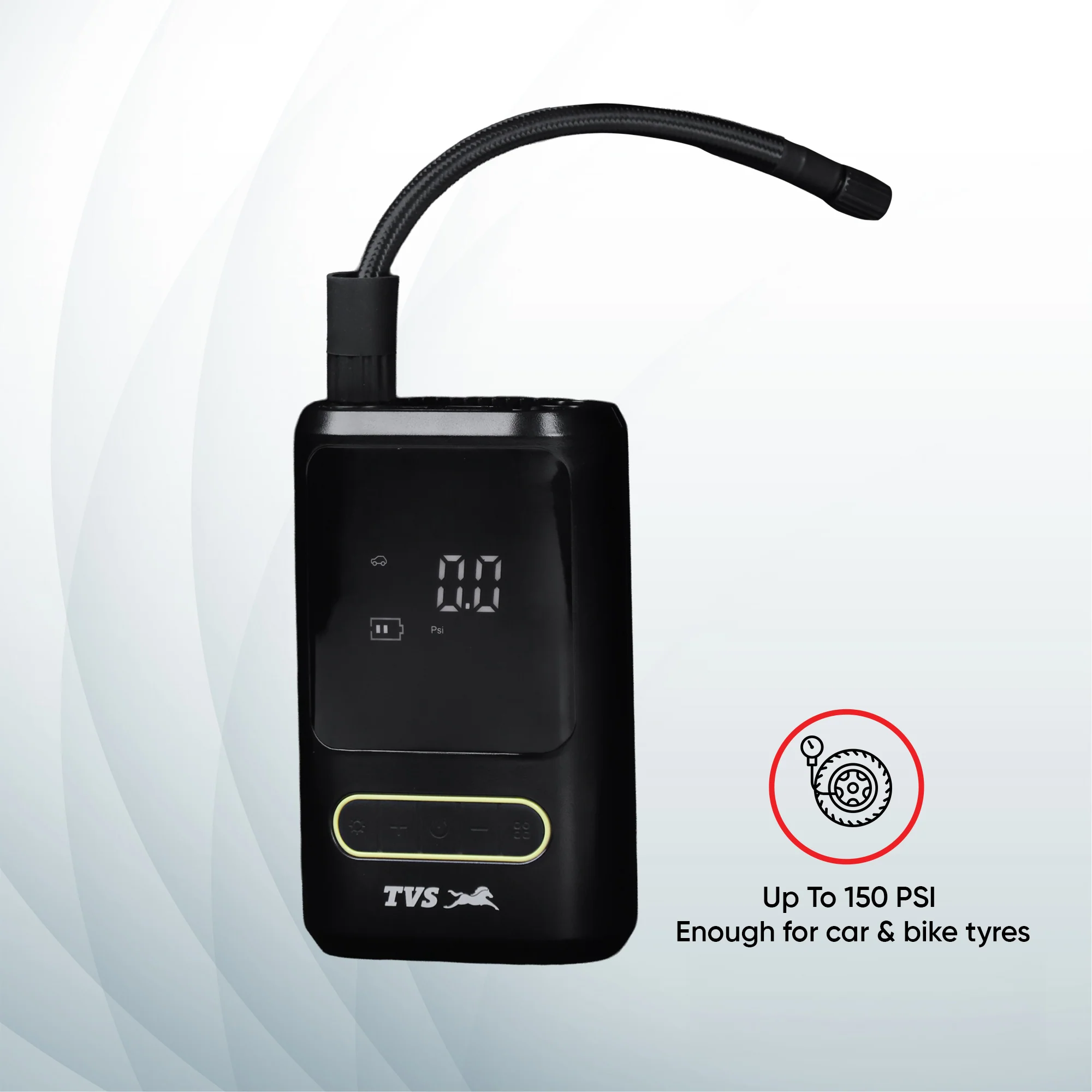 TVS Tyre Air Inflator 150 PSI Portable with Digital Display, LED Light, Multi-Nozzle & Multi-Mode Settings, Rechargeable 2000 mAh Battery for Car, Motorcycle, Bicycle & Sports Balls - Image 7