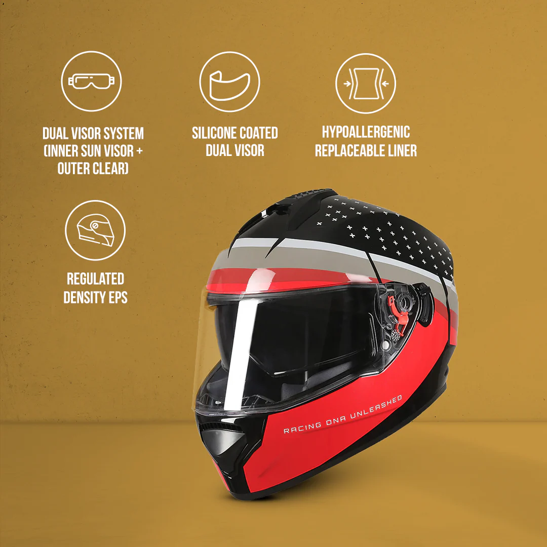 TVS Racing Phantom Series Full Face Dual Visor Helmet for Men | Premium Bike Helmets with ABS Shell, UV Paint | Quick Release System | Aerodynamic Design | DOT & ISI Certified (Black V1) - Image 15