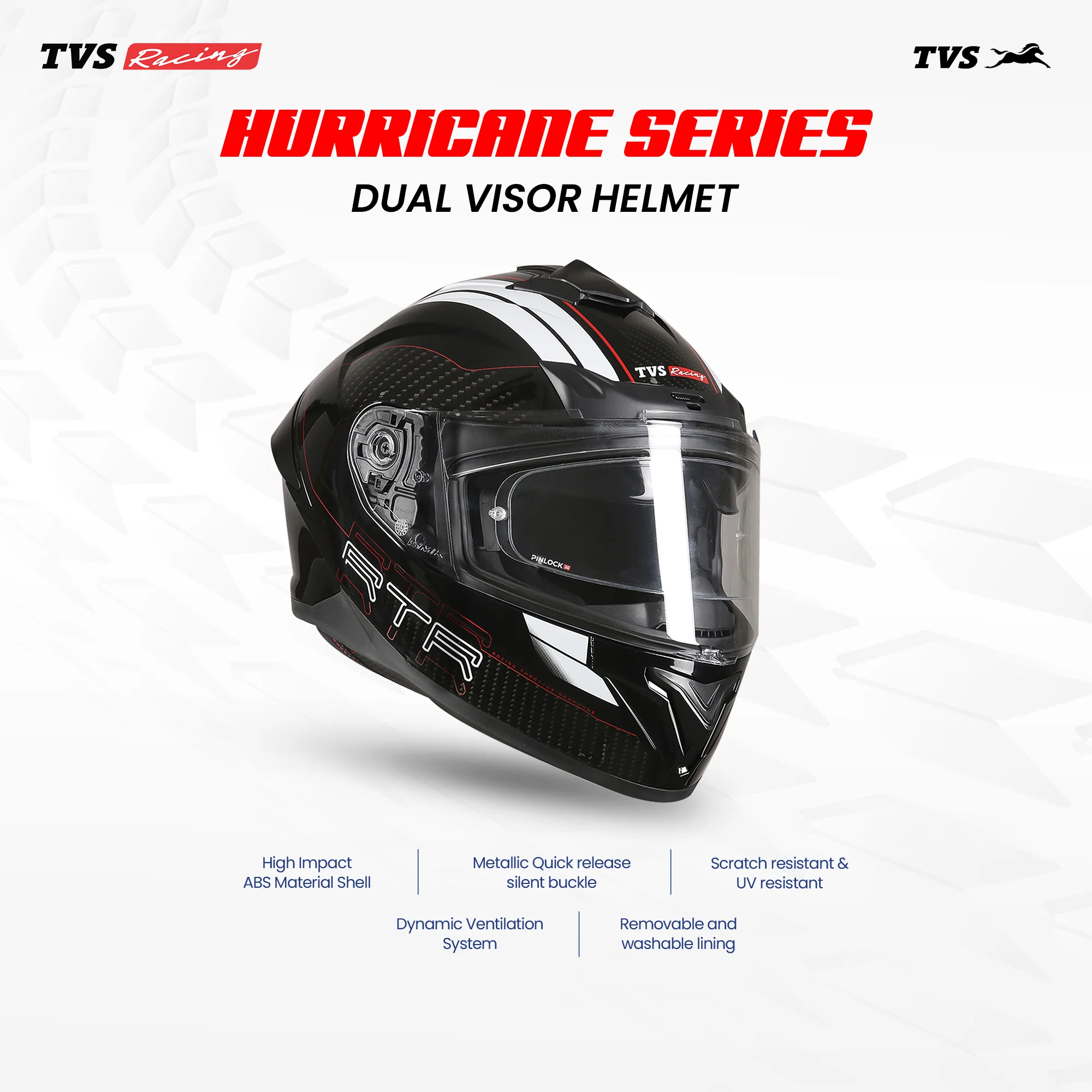 TVS Racing Hurricane Series Full Face Dual Visor Helmet for Men | Premium Bike Helmets with ABS Shell, UV Paint | Quick Release System | Aerodynamic Design | ECE, DOT & ISI Certified (White & Red) - Image 2