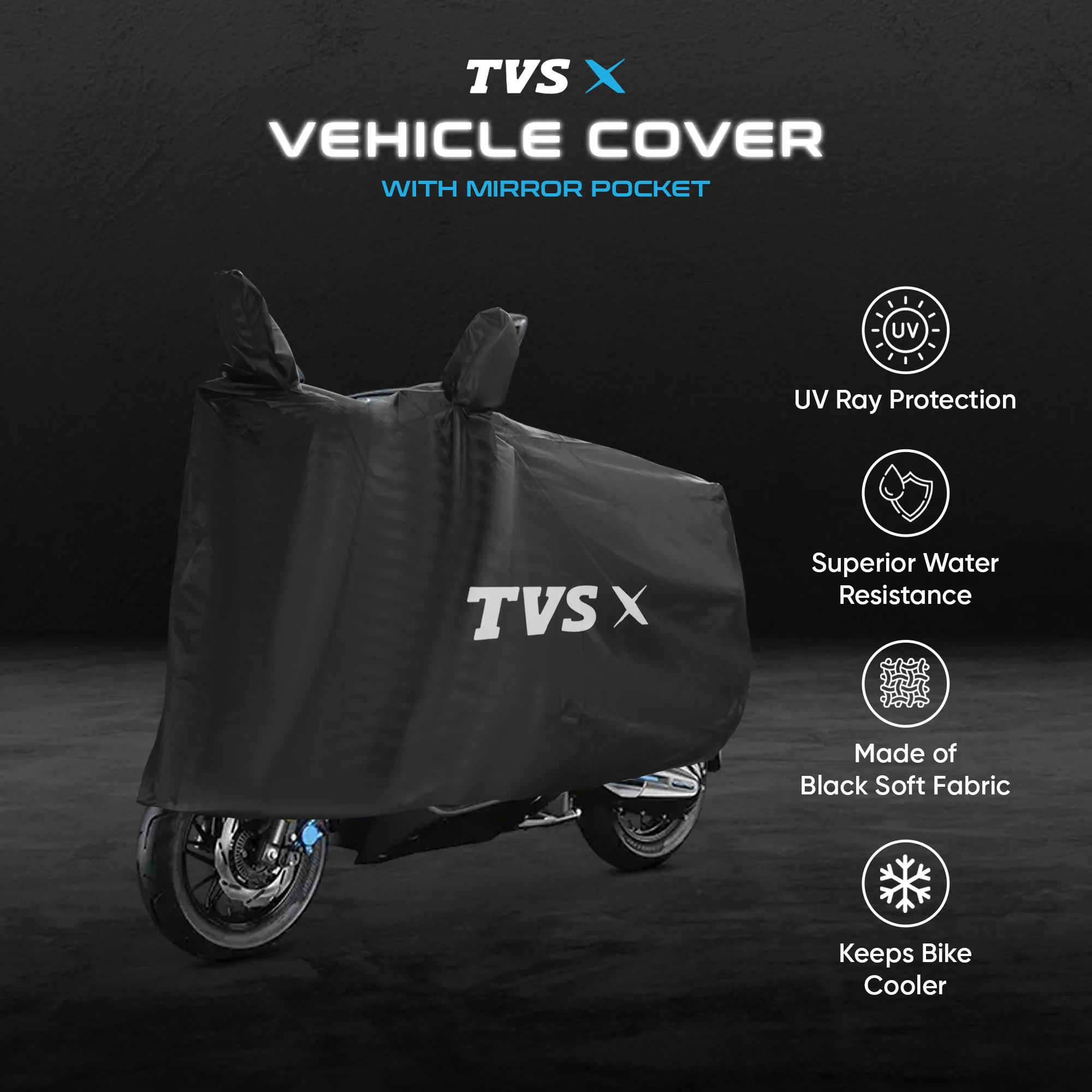 TVS X Vehicle Cover with Mirror Pocket | Rubberised Black | All-Weather Protection - Image 3