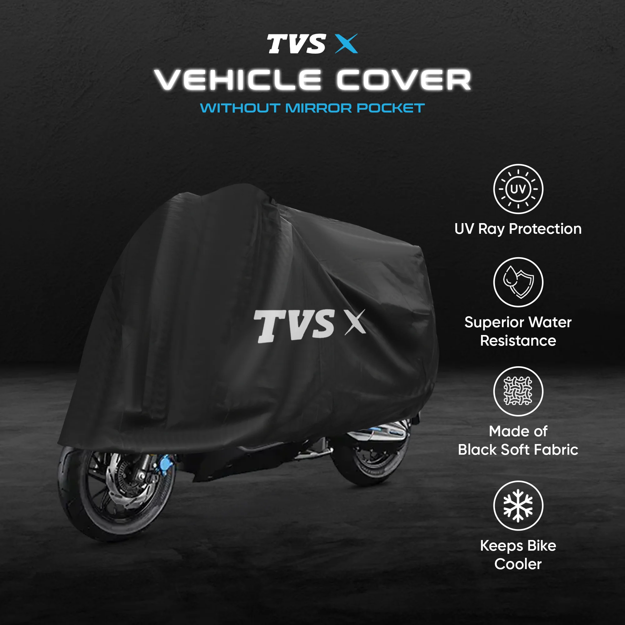 TVS X Vehicle Cover without Mirror Pocket | Rubberised Black | All-Weather Protection - Image 3